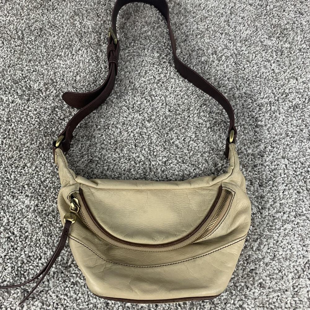 Hobo Waist Belly Bag Womens Small Beige Leather Adjustable Strap Floral Lining